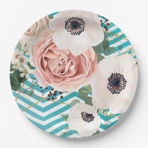9" Round Paper Plate Geometric Rose Chevron Teal