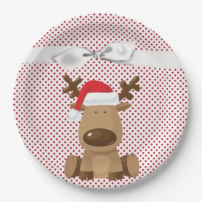 9" Round Paper Plate Reindeer Christmas XMAS Polka (Front)