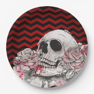 9" Round Paper Plate skull Rose Gothic Chevron red