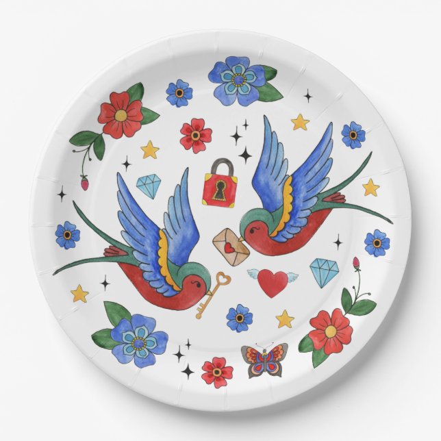 9" Round Paper Plate Traditional Bird Tattoo Sparr (Front)