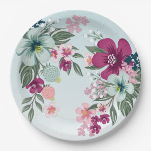 9" Round Paper Plate Tropical Flower on Blue Ombre
