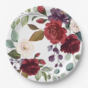 9" Round Paper Plate White Roses Gold Geometric