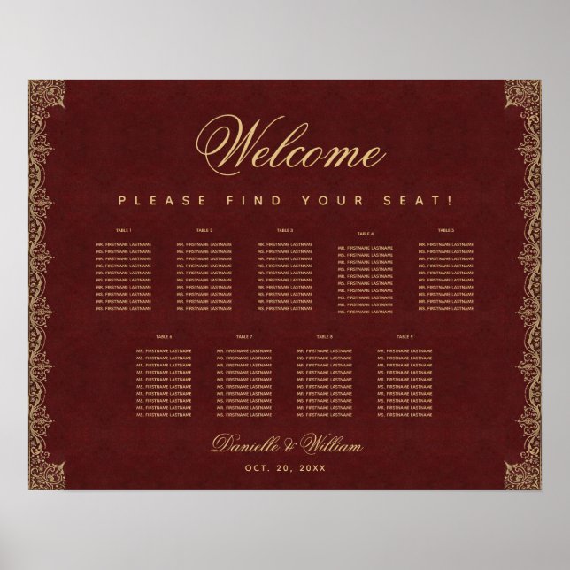 9 Table Burgundy Gold Script Vintage Seating Chart (Front)