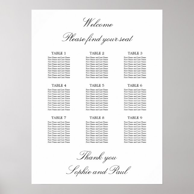 9 Table Elegant Minimalist Seating Chart (Front)