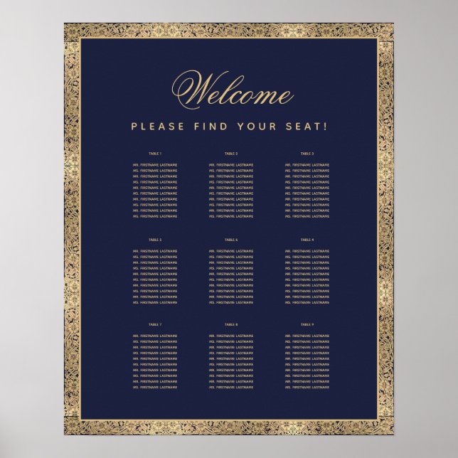 9 Table Elegant Navy Blue Gold Roses Seating Chart (Front)