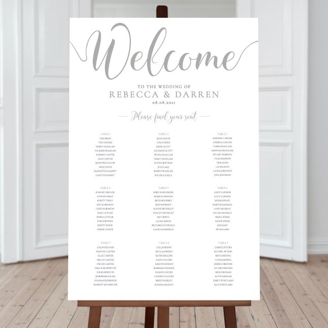 9 Table Personalised Silver Wedding Seating Chart (Creator Uploaded)