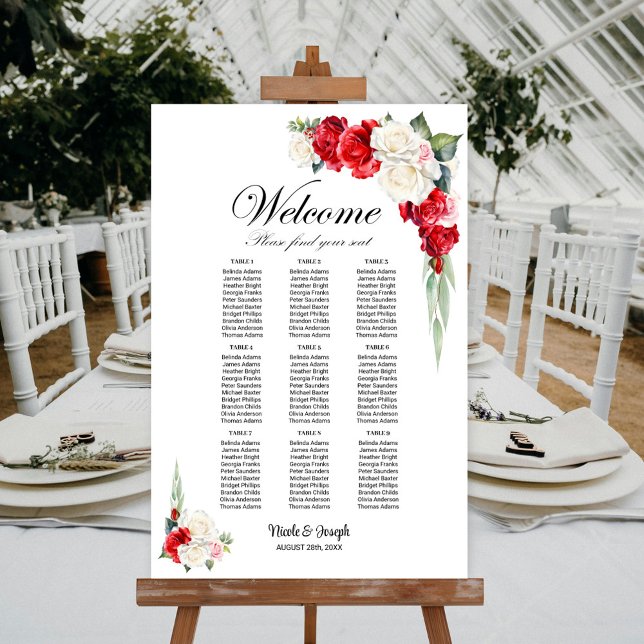 9 Table Red White Rose Floral Seating Chart (Creator Uploaded)