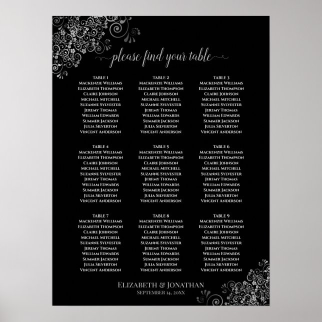 9 Table Silver Frills Wedding Seating Chart Black (Front)