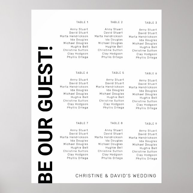 9 table Simple White Wedding seating chart (Front)