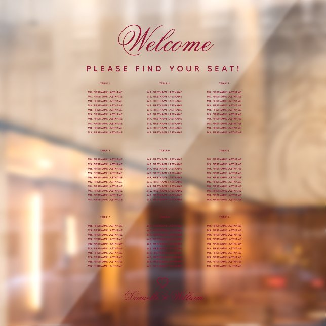 9 Table Transparent Burgundy Wedding Seating Chart (Sheet 2)