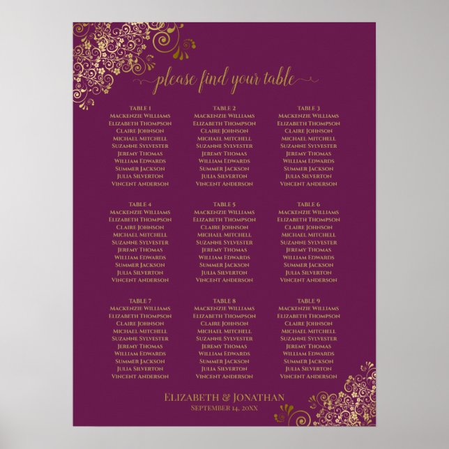 9 Table Wedding Seating Chart Cassis Purple & Gold (Front)