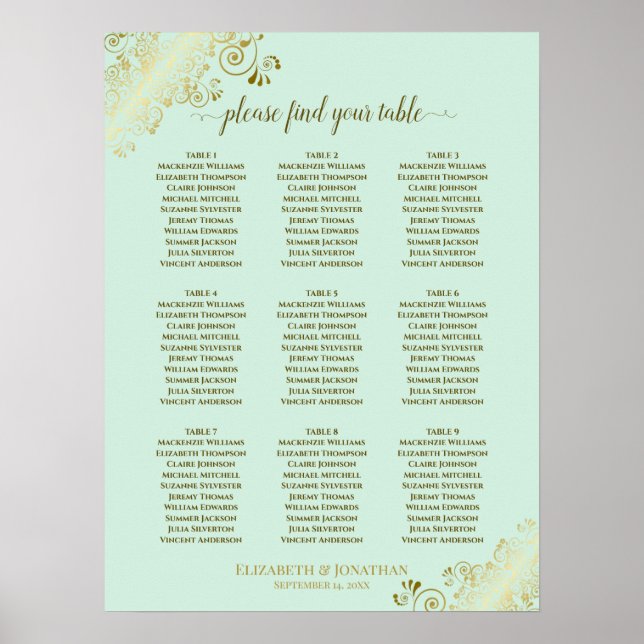 9 Table Wedding Seating Chart Mint Green & Gold (Front)