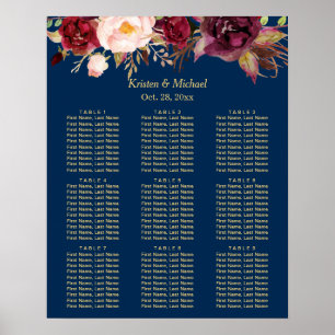 9 Tables Burgundy Floral Wedding Seating Chart