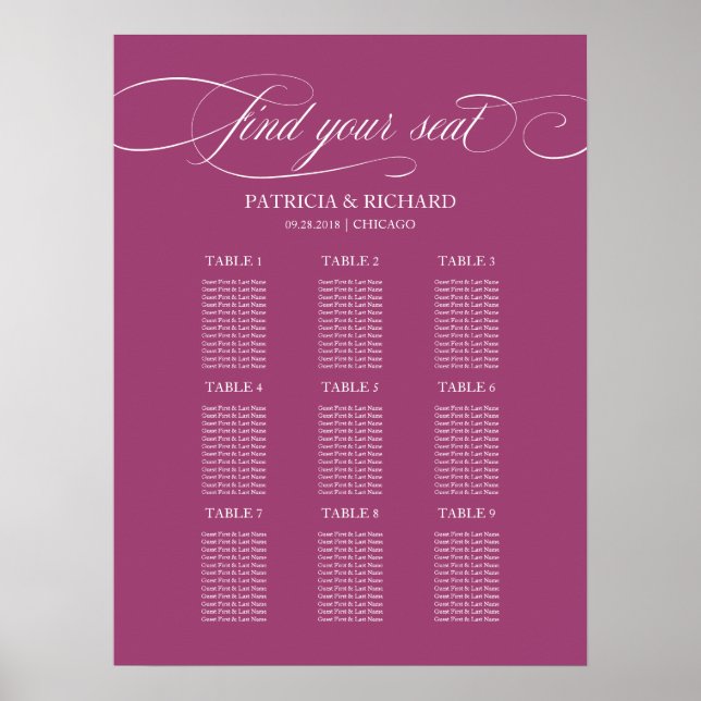 9 Tables Cassis Elegant Wedding Seating Chart (Front)