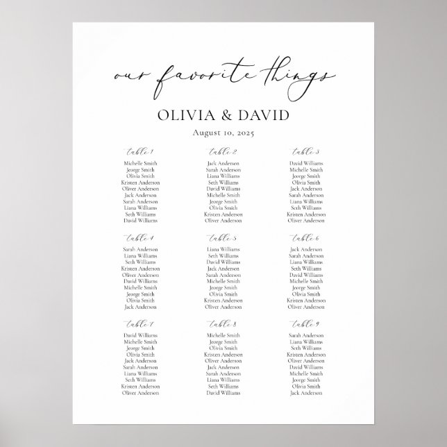 9 Tables Simple Our Favourite Things Seating Chart (Front)