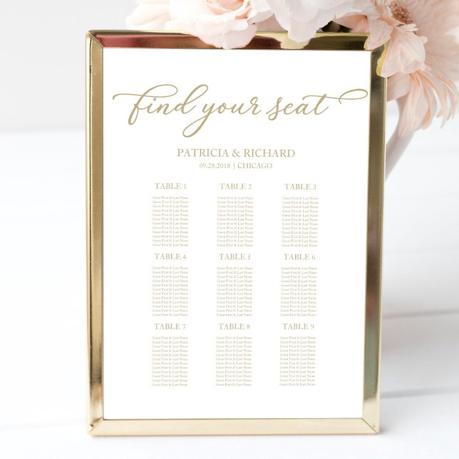 9 Tables Wedding Seating Chart Chic Gold Script (Creator Uploaded)