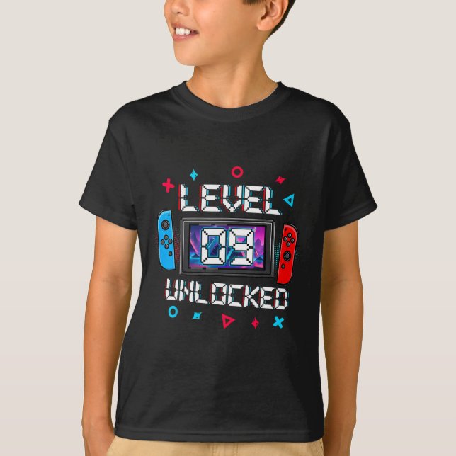 9 Unlocked Gamer 9th Birthday Gift Video Game Boys T-Shirt (Front)