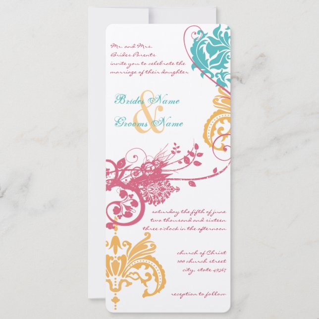 9 x 4 Spring Wedding Colours Floral Damask Invitation (Front)