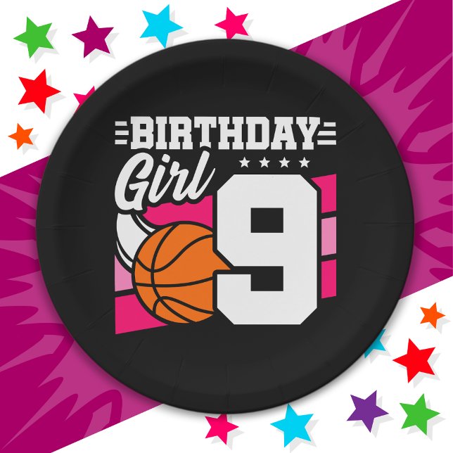 9 Year Old Basketball Party 9th Birthday Girl Paper Plate (Creator Uploaded)