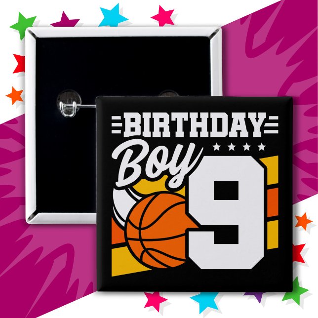 9 Year Old Basketball Party Theme 9th Birthday Boy 15 Cm Square Badge (Creator Uploaded)