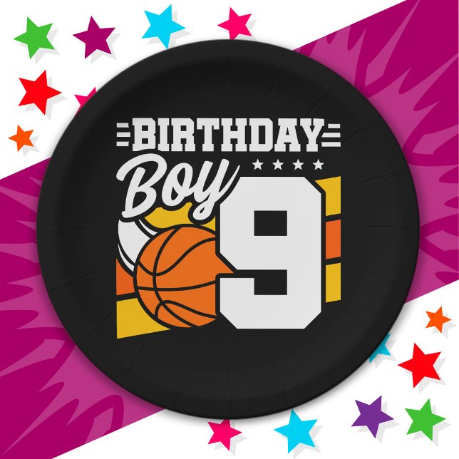 9 Year Old Basketball Party Theme 9th Birthday Boy Paper Plate (Creator Uploaded)
