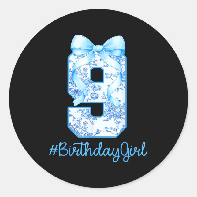 9 Year Old Birthday Girl Coquette Bow 9th Birthday Classic Round Sticker (Front)
