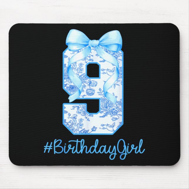 9 Year Old Birthday Girl Coquette Bow 9th Birthday Mouse Pad (Front)