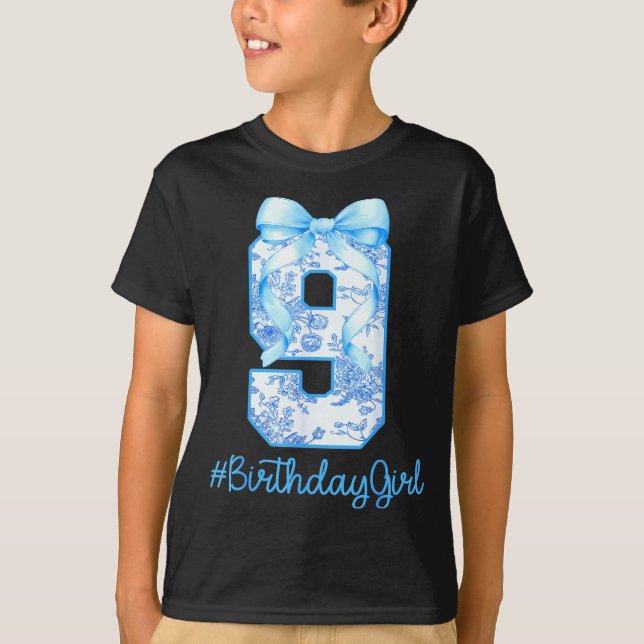 9 Year Old Birthday Girl Coquette Bow 9th Birthday T-Shirt (Front)