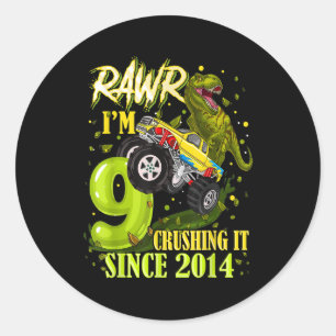 9 Year Old Dinosaur Trex Monster Truck 9th Birthda Classic Round Sticker