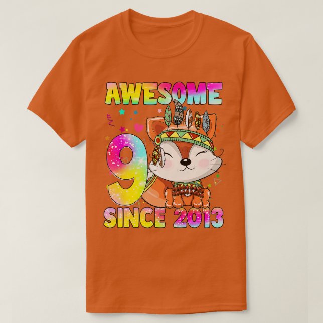 9 Year Old Gifts Girls ns Cute tribal fox 9th Birt T-Shirt (Design Front)
