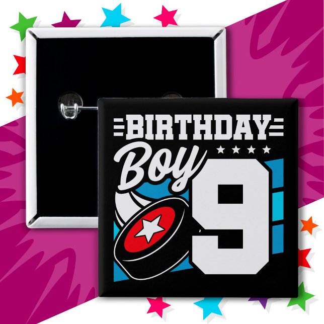 9 Year Old Hockey Party Theme 9th Birthday Boy 15 Cm Square Badge (Creator Uploaded)