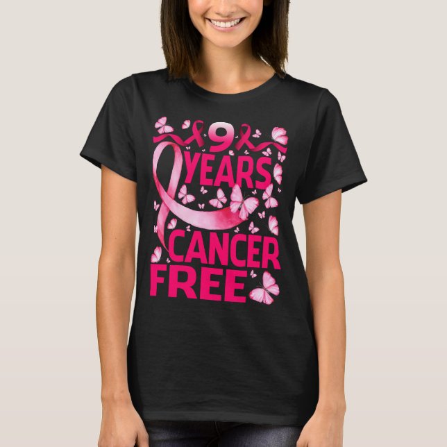 9 Years Breast Cancer Free Survivor Butterfly T-Shirt (Front)