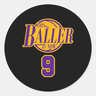9 Years Old Birthday Basketball Baller Purple And  Classic Round Sticker