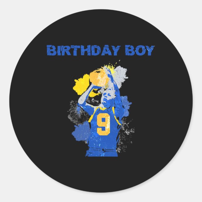 9 Years Old Birthday Boy Blue And Yellow Basketbal Classic Round Sticker (Front)