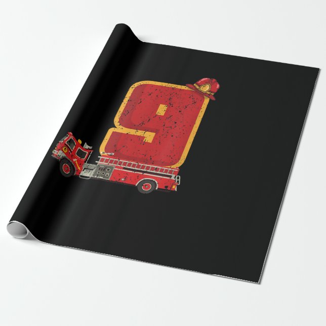 9 Years Old Birthday Boy Gifts Firefighter Wrapping Paper (Unrolled)