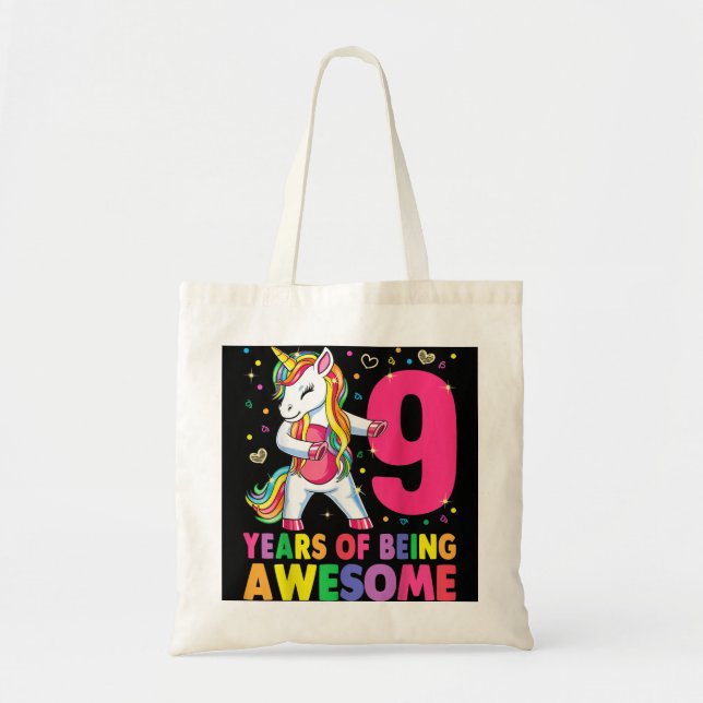 9 Years Old Unicorn Flossing 9th Birthday Girl Uni Tote Bag (Front)