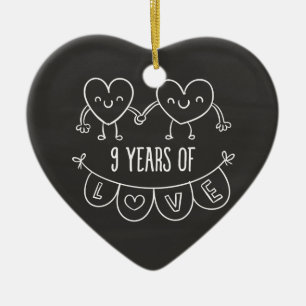 9th Anniversary Gift Chalk Hearts Ceramic Tree Decoration
