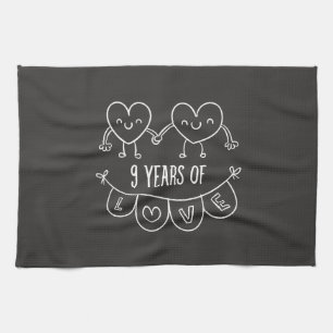 9th Anniversary Gift Chalk Hearts Tea Towel
