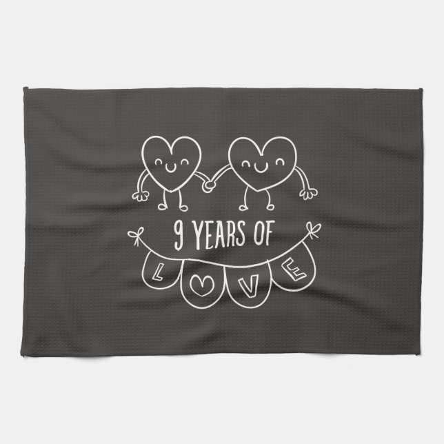 9th Anniversary Gift Chalk Hearts Tea Towel (Horizontal)