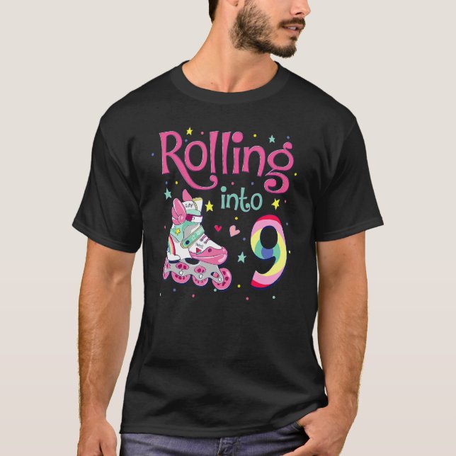 9th Bday Rolling Into 9 Birthday Girl Roller Skate T-Shirt (Front)