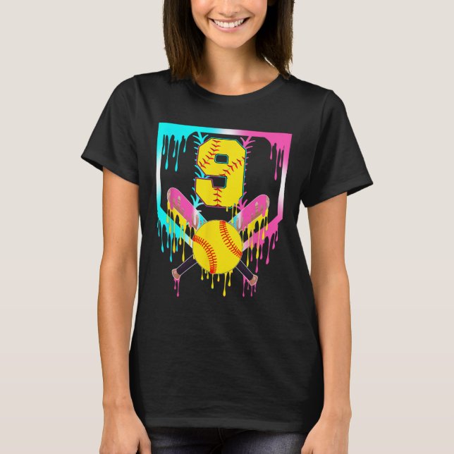 9th Bday Softll Home Plate Drip Ice Cream 9 Year O T-Shirt (Front)