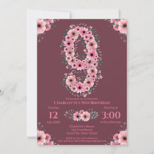 9th Big Birthday Girl Pink Flowers Green Foliage Invitation