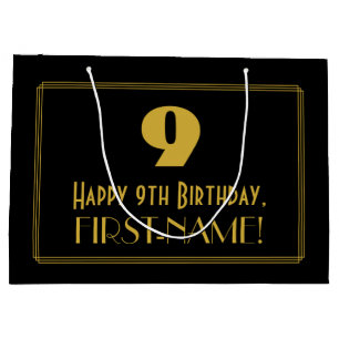 9th Birthday — Art Deco Inspired Look "9" & Name Large Gift Bag