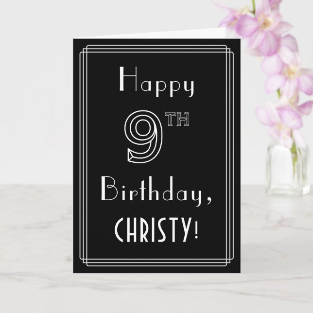 9th Birthday: Art Deco Style # 9 & Custom Name Card (Orchid)