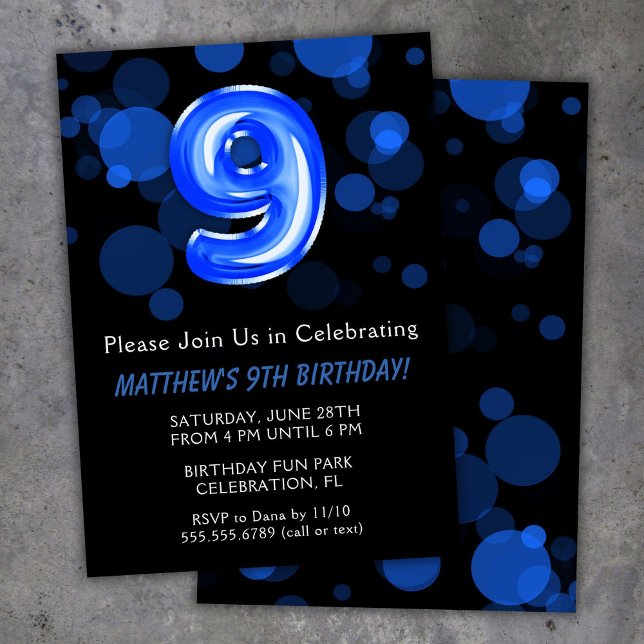 9th Birthday Balloons Kids Blue Boy Party Invitation (Creator Uploaded)