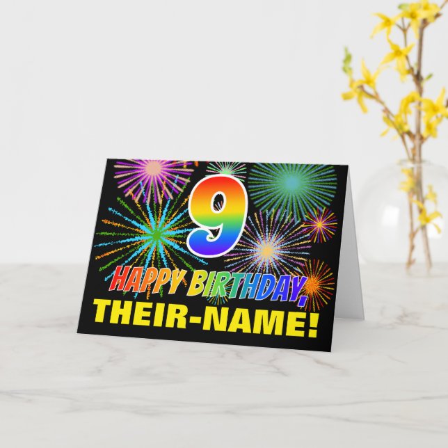9th Birthday: Bold, Fun, Fireworks, Rainbow 9 Card (Yellow Flower)