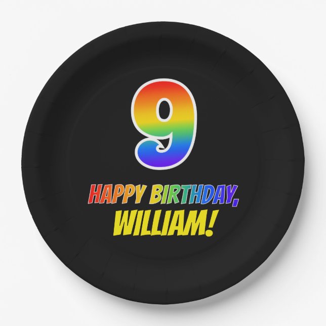 9th Birthday: Bold, Fun, Simple, Rainbow 9 Paper Plate (Front)