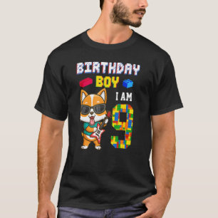 9th Birthday Boy Corgi Dog 9 Years Old Block Build T-Shirt