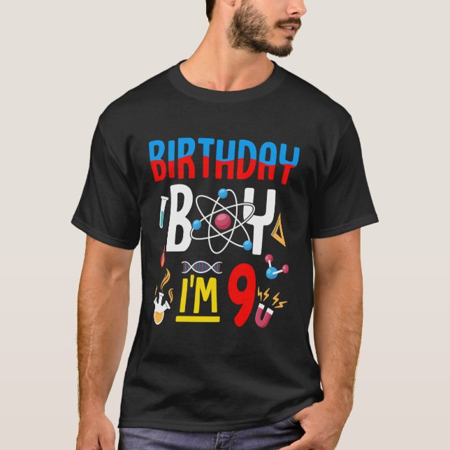 9Th Birthday Boy Girls Science Theme 9 Year Old Fu T-Shirt (Front)