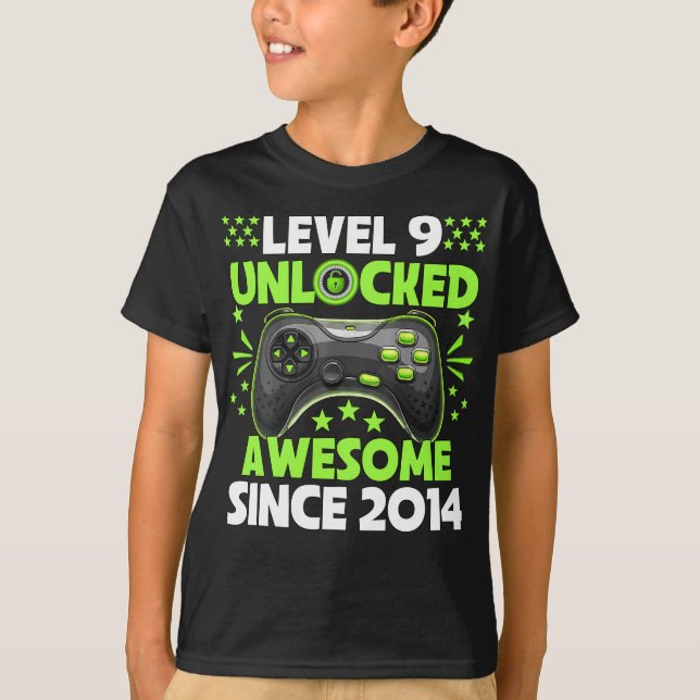9th Birthday Boy Level 9 Unlocked Awesome 2014  T-Shirt (Front)
